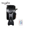 Side view of a black IP65 Advanced Battery Powered Par Uplighting LED stage light, featuring a finned heat sink, mounting bracket, and an included multi-color remote control; TealShine logo displayed in the top left corner.