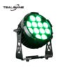 The IP65 Advanced Battery Powered Par Uplightings features a black design with a circular face showcasing twelve green LED lights, mounted on a sturdy metal stand for dependable battery-powered uplighting. The TEALSHINE logo is displayed in the top left corner.