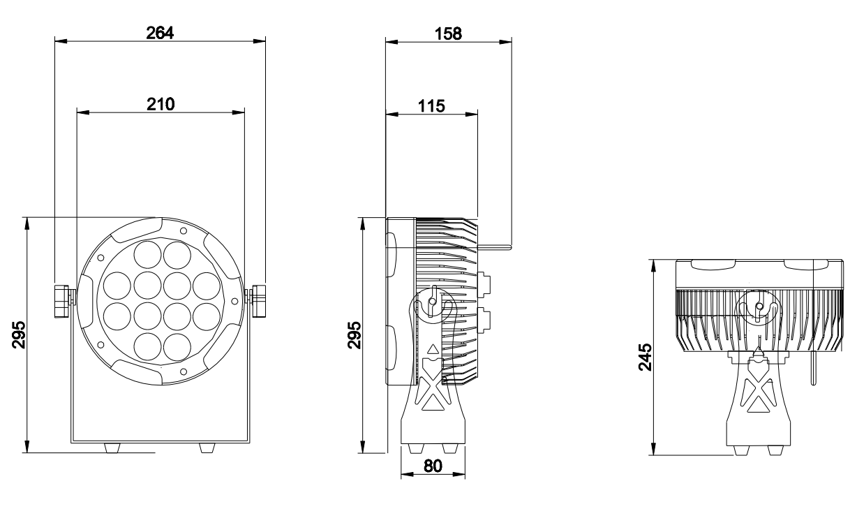 Technical drawing of the IP65 Versatile Battery Powered Par Uplightings, a rectangular device with a circular vent, displaying front, side, and rear views along with measurements: 295mm tall, 264mm wide, and 158mm deep. The illustration details the vent and mounting base features designed for optimal use in battery powered uplighting applications.