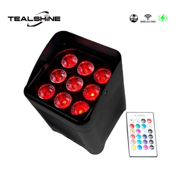 The IP65 Powerful Wireless Battery Powered Uplighter in black is displayed, featuring nine red-lit LED bulbs and accompanied by a color-coded remote control. The top of the image shows the TealShine logo along with icons for IP65 rating, wireless DMX, and power.