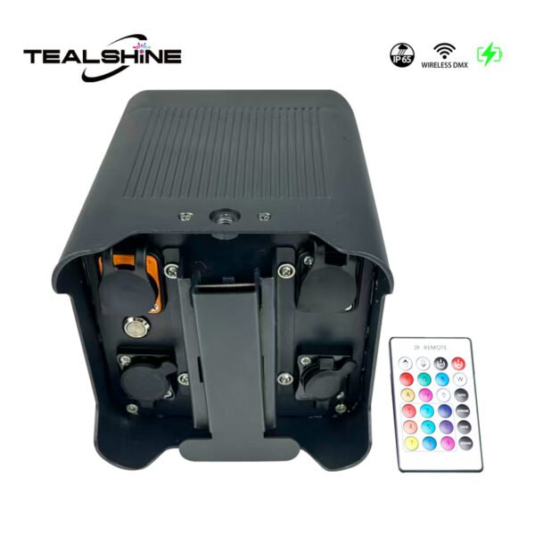 A black IP65 Powerful Wireless Battery Powered Uplighter stage light from TEALSHINE, featuring multiple ports and a handle, is displayed next to a color remote control. Various logos highlight its IP65 rating, wireless DMX functionality, and charging capability.
