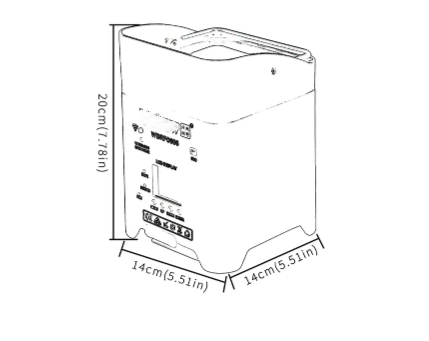 Black and white line drawing of a rectangular device measuring 20cm tall and 14cm wide on each side, with various ports, buttons, and labels visible on one side. The illustration depicts the IP65 Powerful Wireless Battery Powered Uplighter, highlighting its compact design and practical connectivity features.