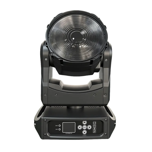 An IP20 150W Moving Mac One professional stage lighting fixture in black, featuring a large lens, digital display, and control buttons, shown against a white background.