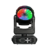 A professional stage lighting fixture, the IP20 150W Moving Mac One features a circular LED panel with red, green, and blue lights, mounted on a black rotating base equipped with control buttons and a display screen.
