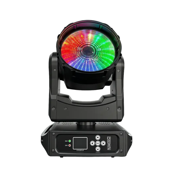 A professional stage lighting fixture, the IP20 150W Moving Mac One features a circular LED panel with red, green, and blue lights, mounted on a black rotating base equipped with control buttons and a display screen.