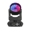 An IP20 150W Moving Mac One LED stage moving head light in black, featuring a circular lens illuminated in blue, purple, and red hues against a white background. The base includes a control panel with several buttons.
