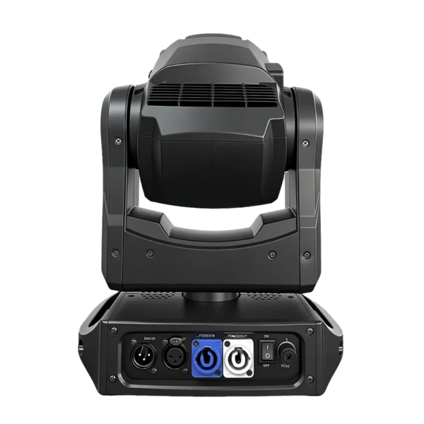 An IP20 150W Moving Mac One stage light in black, shown from the back with visible vent grills and several input/output ports—including power, DMX in/out, and other connectors—set against a white background.