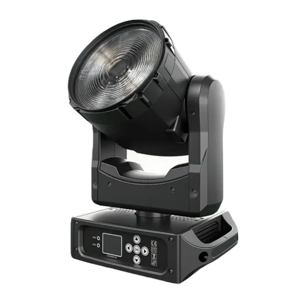 A black IP20 150W Moving Mac One, a motorized stage spotlight with a large lens, mounted on a rectangular base that features control buttons, a small display screen, and various input/output ports.