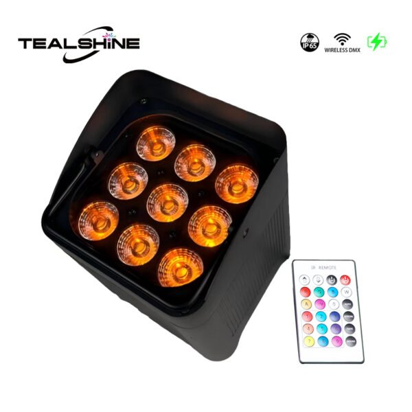 Black LED stage light with nine orange-glowing bulbs paired with a rectangular remote control equipped with multicolored buttons. Corner logos display TEALSHINE, IP65, Wireless DMX, and a charging icon—highlighting the IP65 Powerful Wireless Battery Powered Uplighter, ideal for dynamic lighting environments.