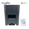 The IP65 Powerful Wireless Battery Powered Uplighter is a black Tealshine electronic device featuring a display screen and control buttons, shown with a compact remote control equipped with multiple colored buttons for convenient and versatile lighting control.