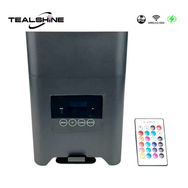 The IP65 Powerful Wireless Battery Powered Uplighter is a black Tealshine electronic device featuring a display screen and control buttons, shown with a compact remote control equipped with multiple colored buttons for convenient and versatile lighting control.
