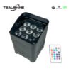 A black IP65 Powerful Wireless Battery Powered Uplighter with 9 lenses is pictured alongside a vibrant remote control. The Tealshine logo is displayed above the light, and small icons highlight its IP65 rating, wireless DMX capability, and battery-powered operation.