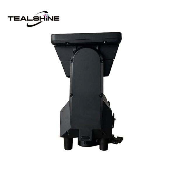 A black IP65 Mini 1176 Moving Strobe Lights device with a rectangular top, cylindrical base, and two protruding legs is shown against a white background. The Tealshine logo appears in the top left corner.