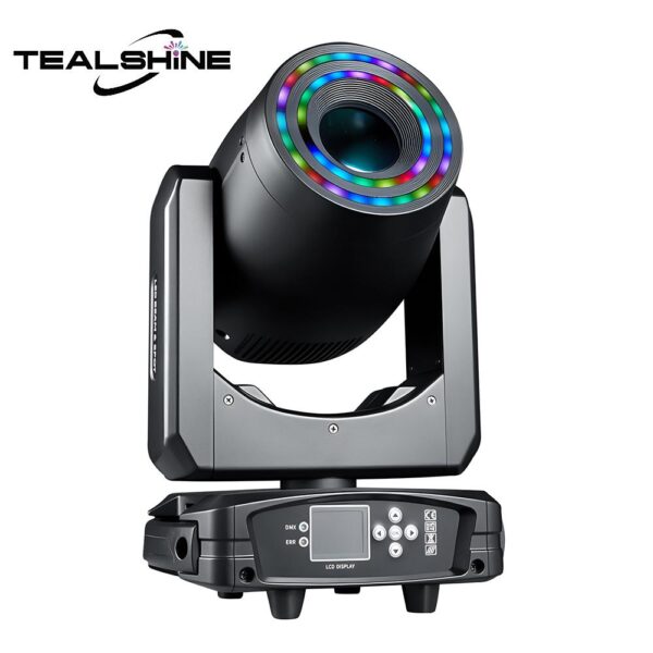 A black IP20 200W Module LED Moving Head Spot Light with a digital display and dual ring effect, positioned against a white background.