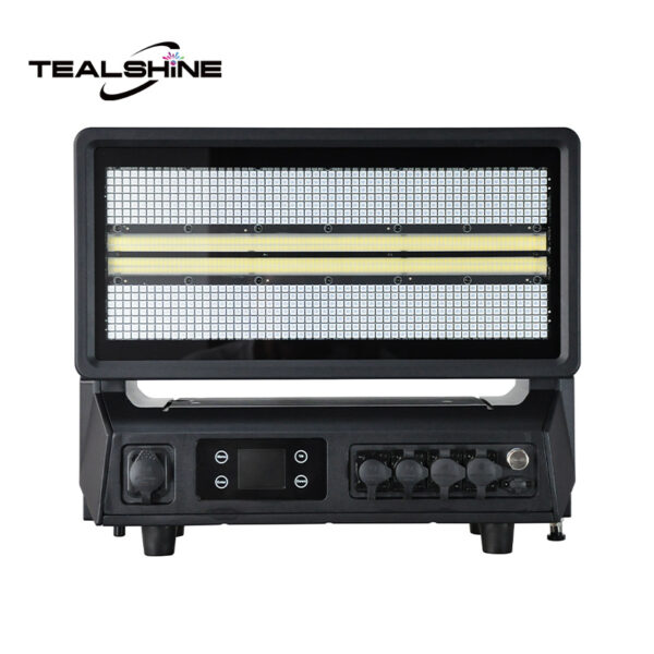 A black electronic device labeled TEALSHINE, featuring a rectangular grill, control knobs, buttons, and a display screen on its front panel—likely an amplifier or heater—sits beside an IP65 Mini 1176 Moving Strobe Light that adds dynamic illumination to its surroundings.