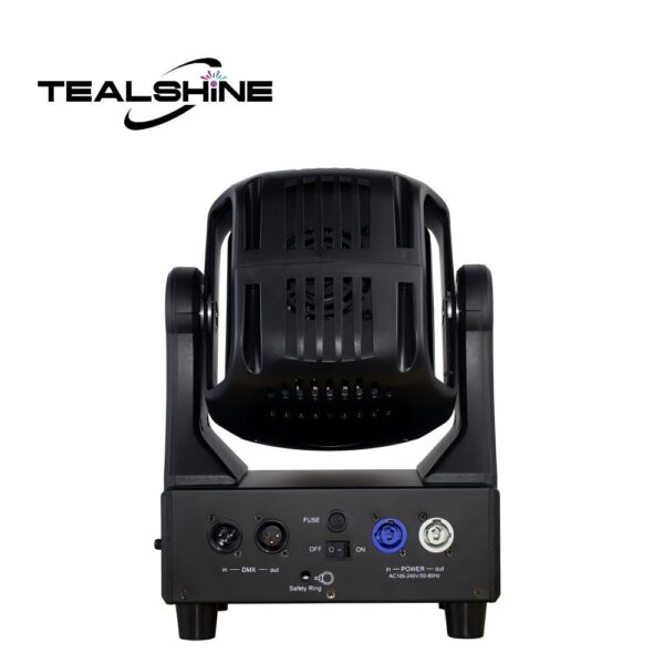 A TEALSHINE IP20 150W Led Beam Wash Moving Head Light, featuring a black housing with a control panel and connectors on the back—including power input, DMX input/output, and a fuse—has the brand name TEALSHINE displayed in black text at the top left.