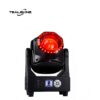 The IP20 150W LED Beam Wash Moving Head Light features a black housing with a round red lens surrounded by several small red lights, creating a striking effect perfect for dynamic performances. Its control panel is equipped with buttons and a display screen, and the TEALSHINE logo is prominently displayed on the top left corner.