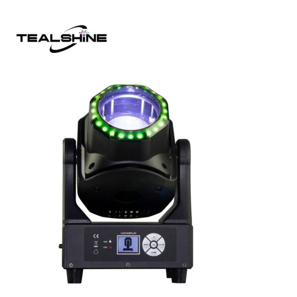 A black IP20 150W Led Beam Wash Moving Head Light featuring a ring of green LEDs and control buttons below, displayed on a white background with the TealShine logo in the top left corner.