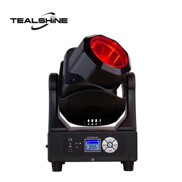 A black IP20 150W Led Beam Wash Moving Head Light with a red lens, digital display screen, several control buttons, and the TEALSHINE logo positioned in the top left corner.