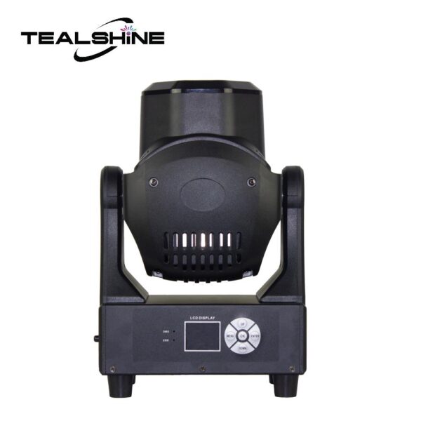 An IP20 150W Led Beam Wash Moving Head Light fixture in black, featuring control buttons and an LCD display, shown from the front. The Tealshine logo is displayed in the top left corner.
