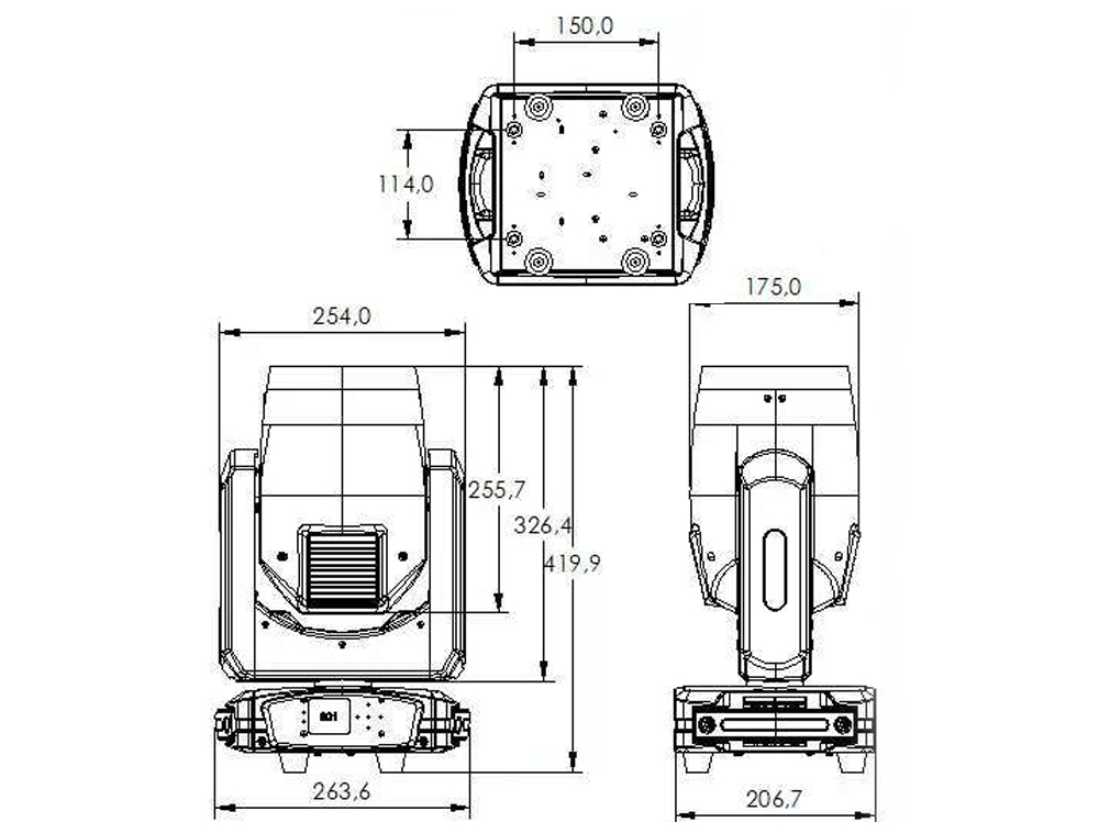 Technical drawing of the IP20 200W Module Led Moving Head Spot Light with Dual Ring Effect, featuring detailed top, front, and side views. All dimensions—including widths, depths, and heights of various components—are indicated in millimeters. This schematic is ideal for understanding the precise structure and measurements typical of this moving head spot light model.