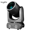 A black IP20 120W Led Moving Head Beam Light with a digital control panel and various labels on its base. The TEALSHINE logo is displayed in the top left corner.