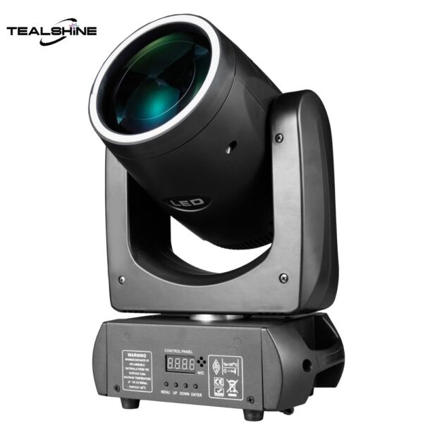 A black IP20 120W Led Moving Head Beam Light with a digital control panel and various labels on its base. The TEALSHINE logo is displayed in the top left corner.