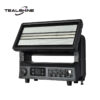 The IP65 Mini 1176 Moving Strobe Lights is a professional LED stage light with multiple dials, ports, and a tilting rectangular panel of LEDs, providing dynamic illumination for any event. Featuring versatile moving strobe light capabilities, this fixture enhances your lighting setup with a range of effects. The Tealshine logo appears in the top left corner.