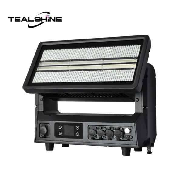 The IP65 Mini 1176 Moving Strobe Lights is a professional LED stage light with multiple dials, ports, and a tilting rectangular panel of LEDs, providing dynamic illumination for any event. Featuring versatile moving strobe light capabilities, this fixture enhances your lighting setup with a range of effects. The Tealshine logo appears in the top left corner.