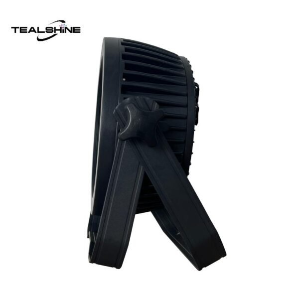 Side view of the black TEALSHINE IP65 Led18x18W Par Can Light, featuring a ribbed body and handle, standing upright. The TEALSHINE logo appears in the top left corner on a white background.