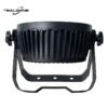 A front view of the black IP65 Led18x18W Par Can Light showcases its ribbed industrial design and adjustable mounting bracket, highlighting its robust performance. The TEALSHINE logo appears in the top left corner.