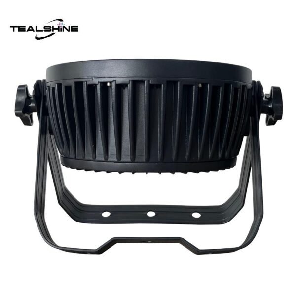 A front view of the black IP65 Led18x18W Par Can Light showcases its ribbed industrial design and adjustable mounting bracket, highlighting its robust performance. The TEALSHINE logo appears in the top left corner.