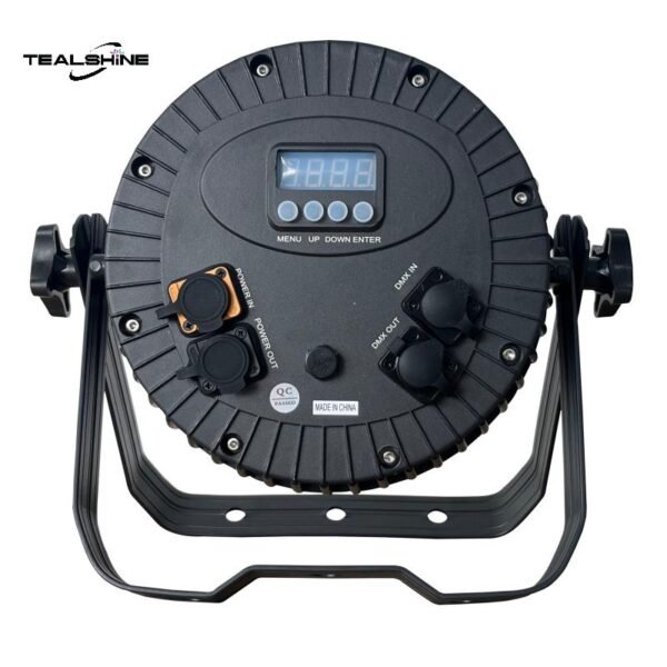 A close-up of the back panel of the IP65 Led18x18W Par Can Light reveals control buttons, a digital display, DMX input/output ports, a power input, and the TEALSHINE brand logo in the top left corner. This professional stage light setup showcases the advanced features typical of modern LED par can units.