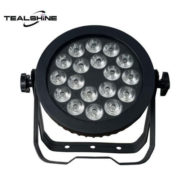 IP65 Led18x18W Par Can Light features a round black housing with 18 circular bulbs arranged in a ring pattern, mounted on an adjustable bracket. This versatile LED stage light is perfect for creating dynamic lighting effects at any event. The TEALSHINE logo is displayed in the top left corner.