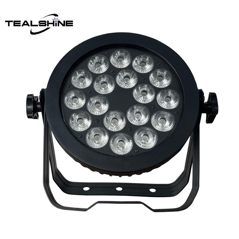 IP65 Led18x18W Par Can Light features a round black housing with 18 circular bulbs arranged in a ring pattern, mounted on an adjustable bracket. This versatile LED stage light is perfect for creating dynamic lighting effects at any event. The TEALSHINE logo is displayed in the top left corner.
