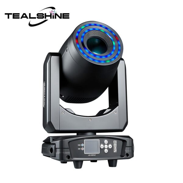 A black IP20 200W Module LED Moving Head Spot Light with Dual Ring Effect, designed in the style of professional moving head spot lights, featuring a digital display and control buttons at the base, as well as a circular LED ring around the lens.