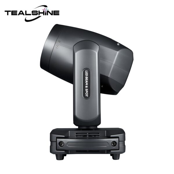 A black IP20 200W Module LED Moving Head Spot Light with Dual Ring Effect by Tealshine, shown from the side with the brand logo in the top left corner on a white background.