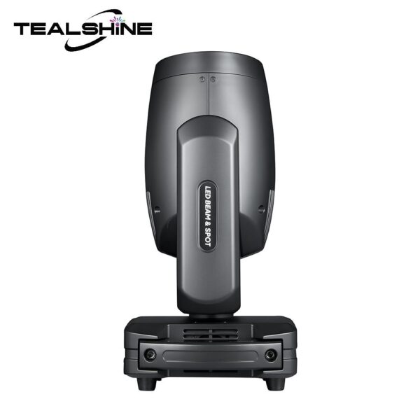 A black IP20 200W Module Led Moving Head Spot Light with Dual Ring Effect is shown from the back against a white background, featuring the TEALSHINE logo in the top left corner and highlighting its advanced moving head spot light capabilities.