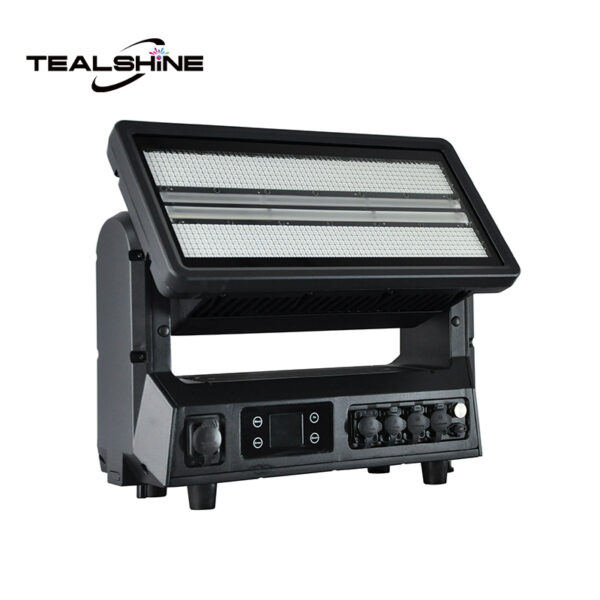 A black IP65 Mini 1176 Moving LED Strobe Light fixture with control knobs and switches on the front panel, featuring a large rectangular light panel with many small LEDs, designed to function as a dynamic moving strobe light for vibrant stage effects.