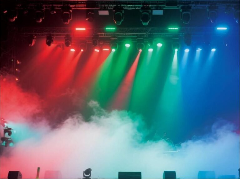 LED Strobe Lights: How to Choose the Right Strobe for Stage, DJ, and Event Lighting 10 A stage with colorful red, green, and blue LED strobe lights shining through smoke, creating a vibrant and dramatic atmosphere.
