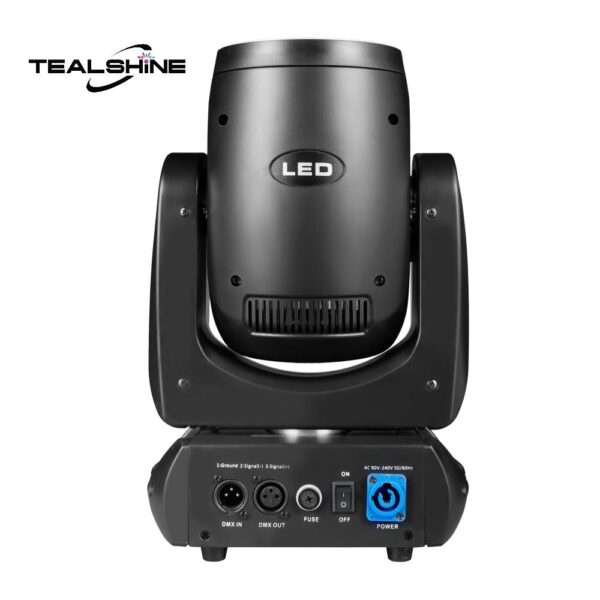A black IP20 120W Led Moving Head Beam Light with control ports, power switch, and branding visible on the top left, photographed against a white background.