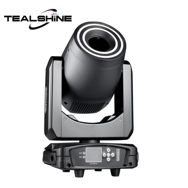 A black IP20 200W Module LED Moving Head Spot Light with Dual Ring Effect featuring a digital display and control buttons on the base, showcasing advanced moving head spot light technology. The Tealshine logo is displayed in the top left corner against a white background.