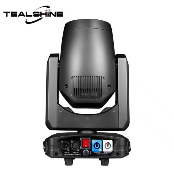 IP20 200W Module Led Moving Head Spot Light with Dual Ring Effect viewed from the back, showing various input and output ports. The TEALSHINE logo appears in the top left corner on a white background.