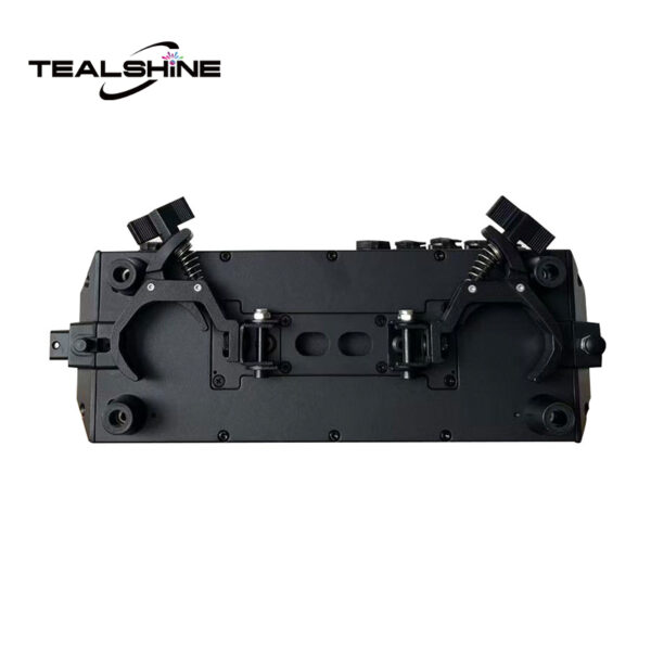 IP65 Mini 1176 Moving Strobe Lights mechanical assembly, shown from above on a white background, features a black design with clamps, springs, and adjustment knobs. The TEALSHINE label appears in the top left corner, and the components are characteristic of moving strobe light assemblies.