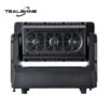 Front view of the black IP65 Mini 1176 Moving Strobe Lights stage lighting device with three circular fan vents, labeled TEALSHINE in the top left corner. The device features a rectangular design with angular sides and sits on short legs.