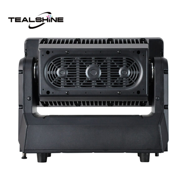 Front view of the black IP65 Mini 1176 Moving Strobe Lights stage lighting device with three circular fan vents, labeled TEALSHINE in the top left corner. The device features a rectangular design with angular sides and sits on short legs.